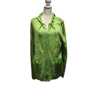 Chico's Zenergy Green Crochet Linen Blend Knit Hooded Zip Sweater Jacket Sz 3/XL